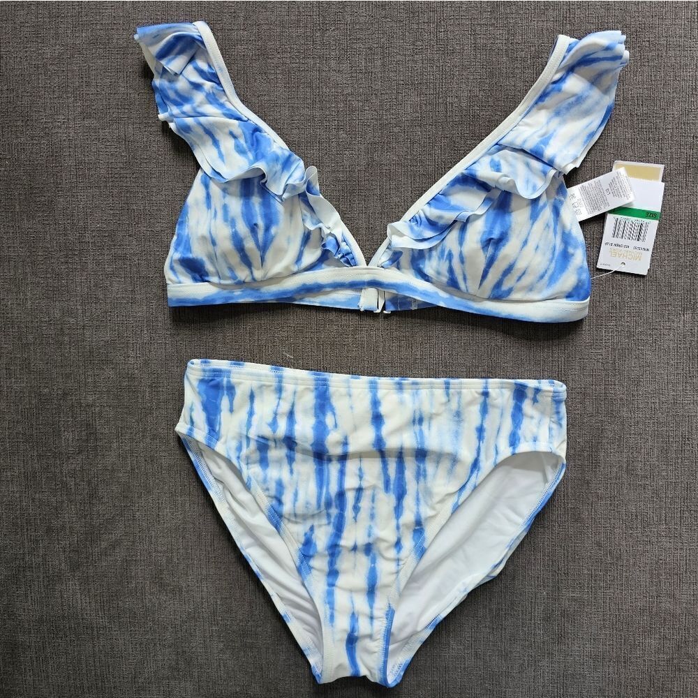 Michael Kors blue and white Ruffled bikini top & high-rise bottom swimsuit large